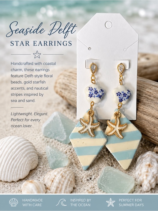 Handmade Jewelry - Seaside Delft Star Earrings - Blue & White Nautical Drop Earrings